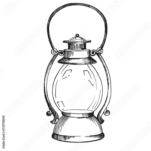 Vintage kerosene lantern vector illustration. Retro oil lamp drawing with rustic details, antique camping light sketch, old fashioned lamp artwork for design, decoration, poster, logo or postcard