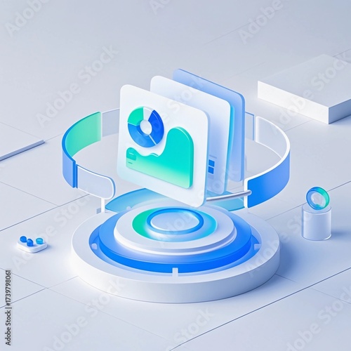 A three-dimensional chart data icon with a gradient from blue to green, frosted transparent.