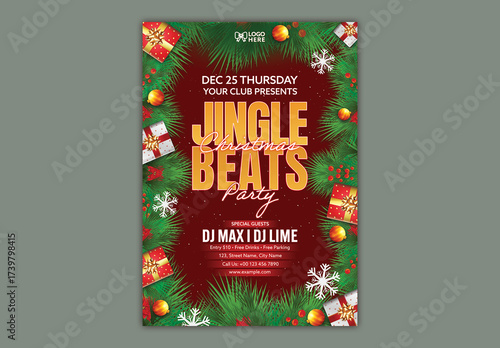 Christmas Party Flyer Editable Design with Jingle Beats Text and Festive Elements on Red Background.