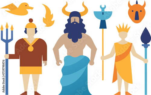 Vector illustrations of greek gods zeus poseidon hades symbols mythology collection