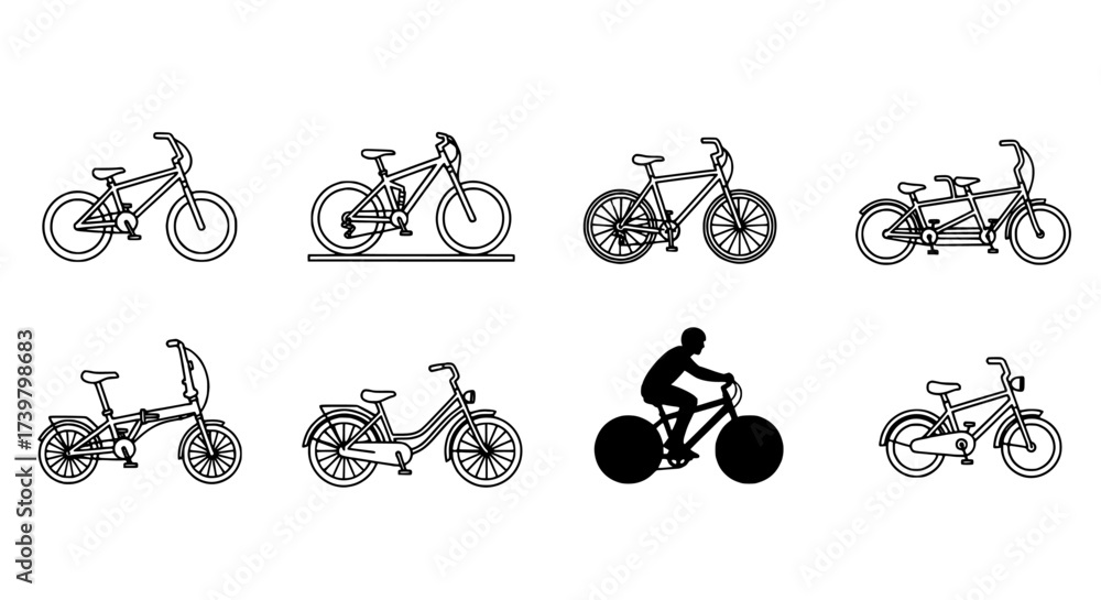 Fototapeta premium Collection of Various Bicycle Types in Black and White Silhouette