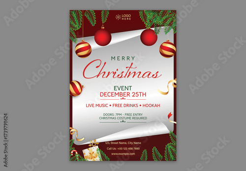 Merry Christmas Party Flyer Template Editable with Festive Elements in Red and White Color Design.