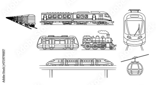 Different Types of Rail Transport Line Art Illustration