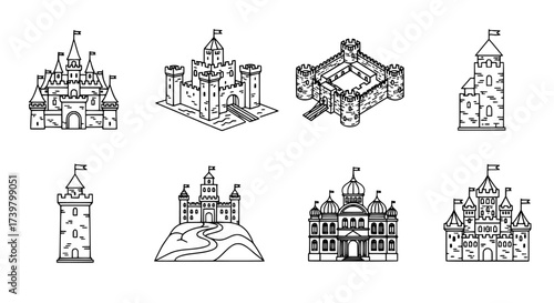 Detailed Line Art Collection of Majestic Castles and Fortresses