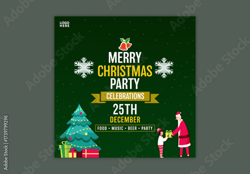 Merry Christmas Party Social Media Editable Post with Festive Elements and Event Details in Green Color.