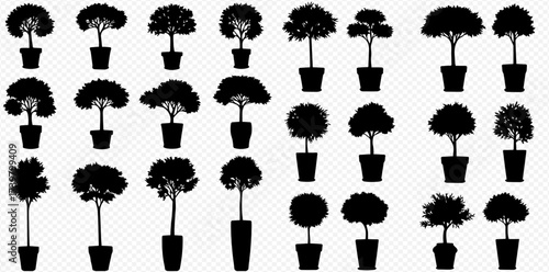 Collection of diverse potted plant and tree silhouettes in black, ideal for graphic design elements.