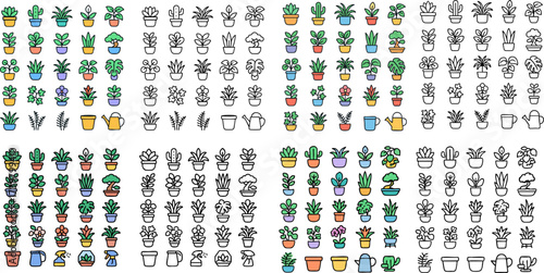 Collection of Potted Houseplants and Gardening Tools Icons 1.