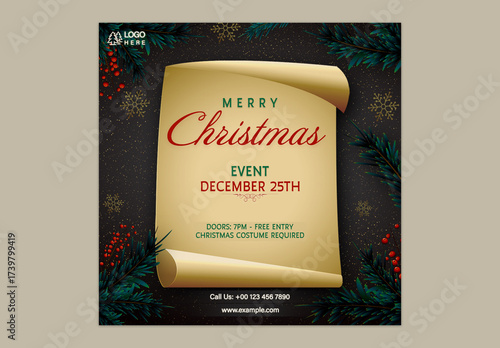Merry Christmas Event, Editable Social Media Post Template with Festival Elements in Dark Color.