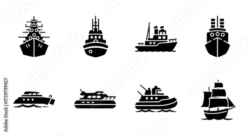 Naval Vessels Icons Collection of Ships, Boats, and Watercraft Silhouettes