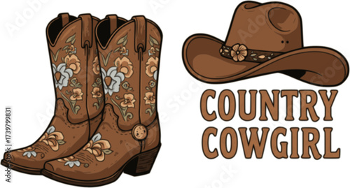 Country Girl power printable illustration isolated on white. Vector retro Cowgirl boots and cowboy hat with floral decoration with Country cowgirl Lettering. 
