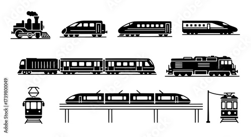 Diverse Collection of Black and White Train Icons