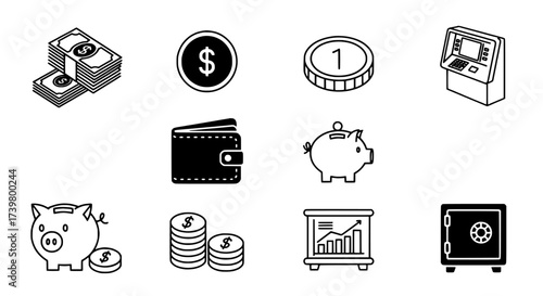 Finance and Savings Icons Money, Wallet, Piggy Bank, and ATM