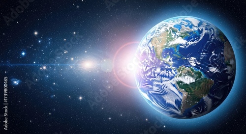 A vibrant Earth with a glowing sun and stars in the background.