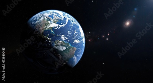 The Earth, a blue and green planet, is seen from space with stars and galaxies in the background.