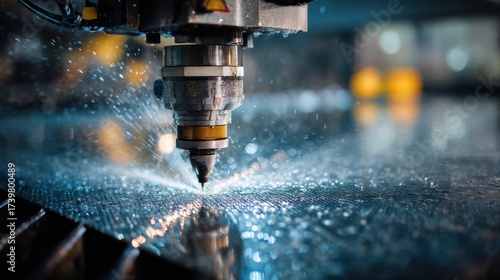 Precision Engineering in Action: A high-tech water jet cutter at work, precisely slicing through a metal sheet with impressive detail, demonstrating advanced technology and manufacturing processes.