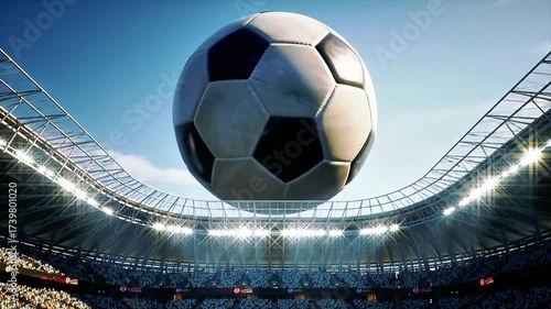 Low Angle Close Up Massive Soccer Ball Planet Hovering Stadium Dolly Out Glowing Spotlights
