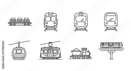 Collection of Transportation Icons Trains, Tram, and Cable Car Line Art