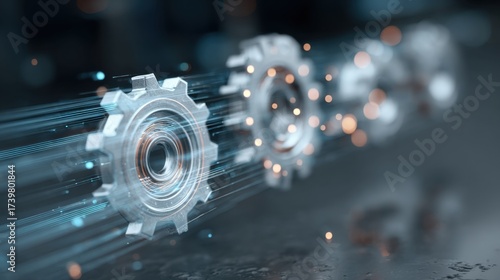 Futuristic Gears in Motion with Light Trails and Sparkles Representing Innovation and Technology Development