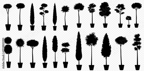 Silhouettes of various potted ornamental plants and topiary trees, showcasing different shapes and sizes for garden and indoor decoration.