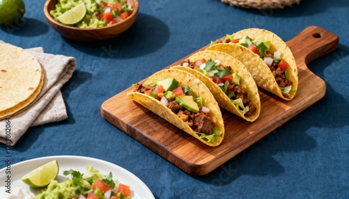 Four crunchy beef tacos loaded with fresh toppings on a wooden board—classic taco night ready to serve.
