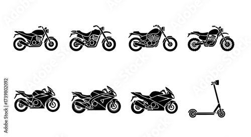 Motorcycle Silhouette Set Variety of Bike Types and Scooter, Transportation Icons