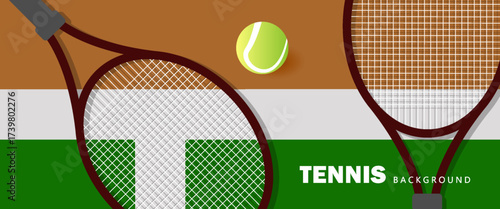 Love tennis club text with tennis racket and tennis ball on tennis green court background Illustrations for use in online sporting events , Illustration Vecto
