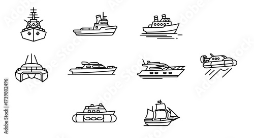 Collection of Transportation Vessels and Naval Fleet Outline Icons