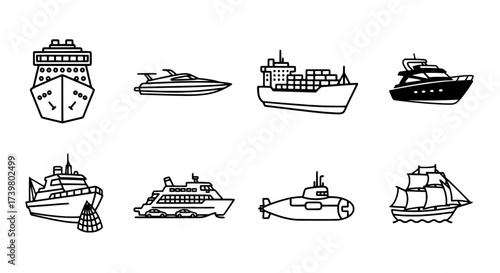 Set of different sea transport line art icons