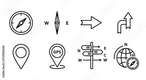 Navigation and Location Icons Direction, Compass, GPS, and Route Planning