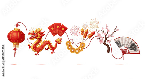 Vector art of chinese new year celebration elements including dragon, lantern, fireworks, and fan