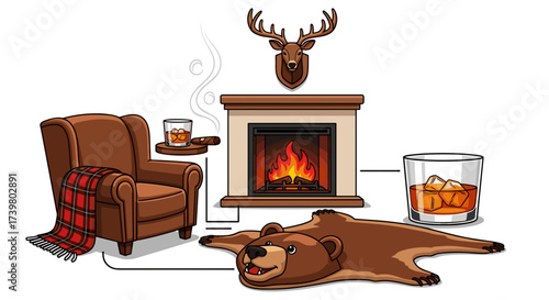 Vector art of cozy cabin interior with armchair, fireplace, whiskey, and bear rug