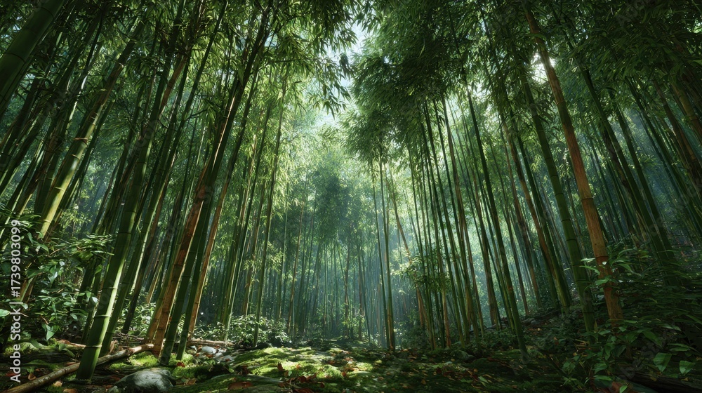 Obraz premium Mystical Bamboo Forest: Captivating shot looking upward through a dense grove of bamboo trees, revealing dappled sunlight filtering through the lush canopy.