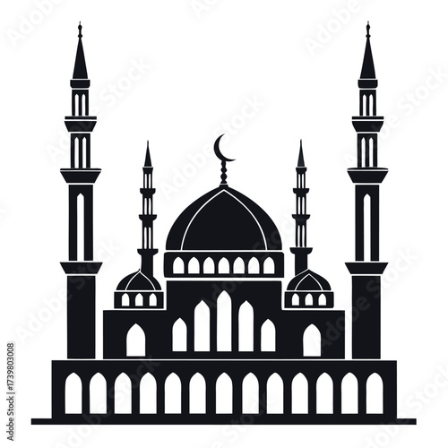 Black colour Mosque silhouette vector illustration, solid white background (10).eps