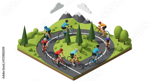 Vector art of cyclists racing on a winding road through a green landscape with mountains and trees