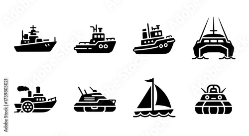Diverse Vessels Black and White Icon Set of Various Watercraft Designs