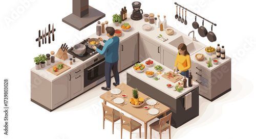 Vector art of isometric view of a modern kitchen with people cooking and preparing food