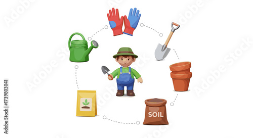 Vector art of gardening tools and a cartoon gardener character
