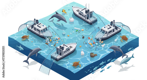 Vector art of ocean pollution concept with fishing boats, marine life, and plastic waste