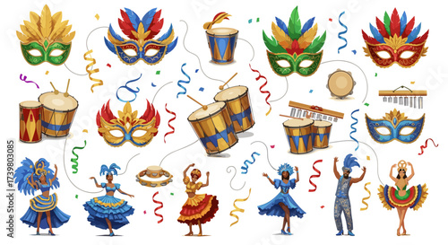 Vector art of carnival celebration with dancers, masks, and drums