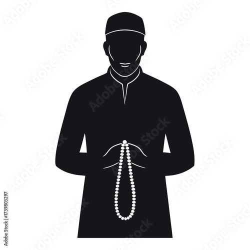 Black colour Muslim man with tasbih (prayer beads) silhouette vector illustration, solid white background (5).eps