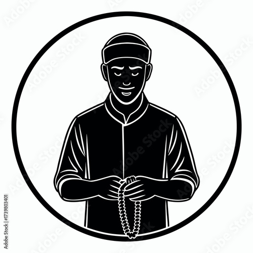 Black colour Muslim man with tasbih (prayer beads) silhouette vector illustration, solid white background (8).eps