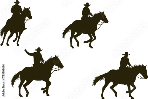 Cowboy rodeo set wild horses. Vector rodeo silhouette of cowboy riding wild horses isolated on white for design
