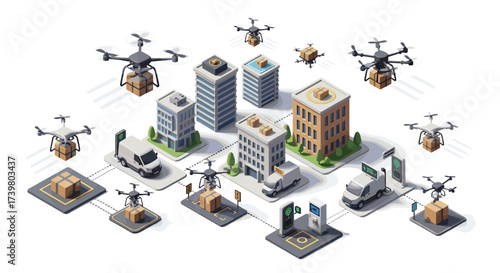 Vector art of modern delivery system with drones, trucks, and buildings