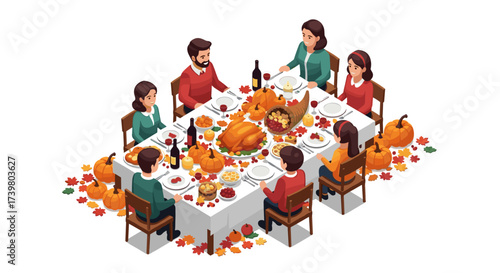 Vector art of family enjoying a thanksgiving dinner with turkey and autumn decorations