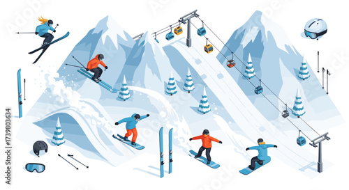 Vector art of ski resort with skiers and snowboarders on snowy mountains with ski lifts and trees