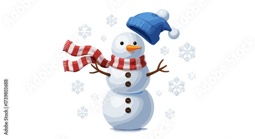 Vector art of cute snowman wearing a blue hat and striped scarf