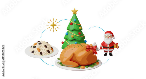 Vector art of christmas dinner with roast turkey, rice pilaf, santa claus, and decorated tree