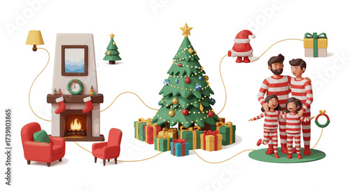 Vector art of claymation family in pajamas celebrating christmas morning by the tree and fireplace