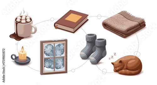 Vector art of cozy winter scene with hot chocolate, book, blanket, socks, sleeping cat, and snowy window