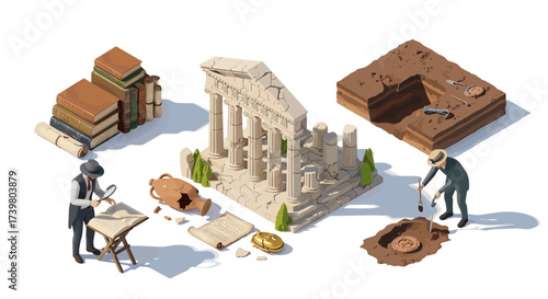 Vector art of archaeological excavation and discovery of ancient ruins and artifacts